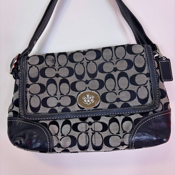 Coach Hampton Black and Grey Monogram Black Leather Shoulder Purse - Picture 3 of 8